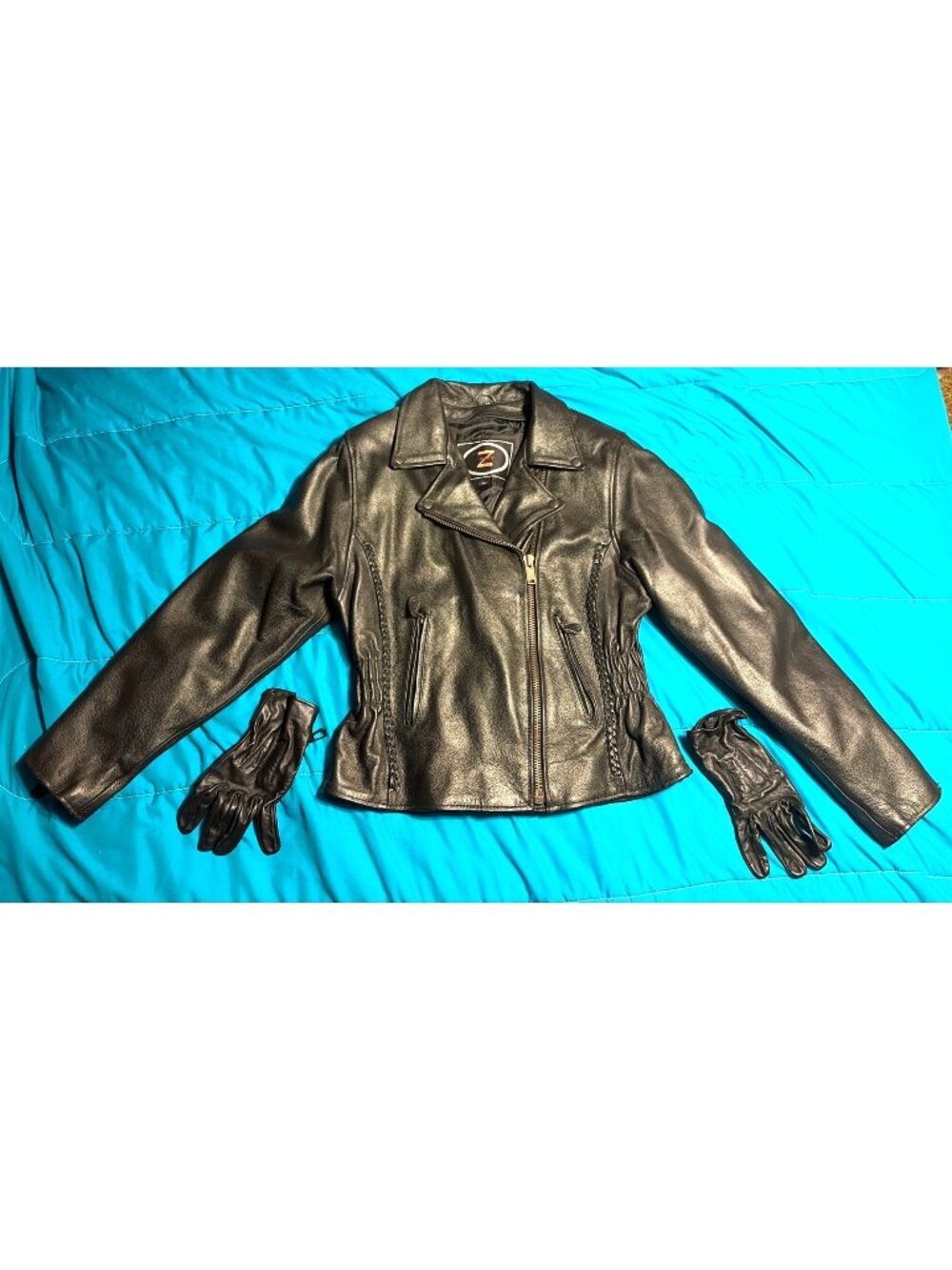 Zony Inc Black Leather Biker Moto Jacket Zip-Out Lining & Gloves Womens Size M